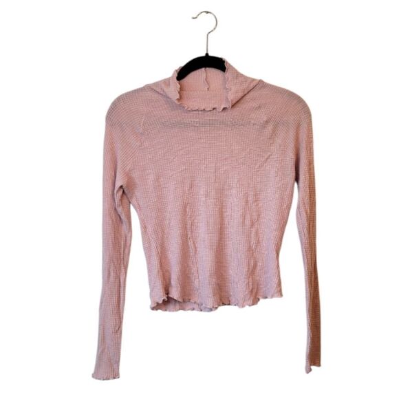 Free People Light Pink Waffle Knit Mock Neck Basic Top Size M - Picture 1 of 5